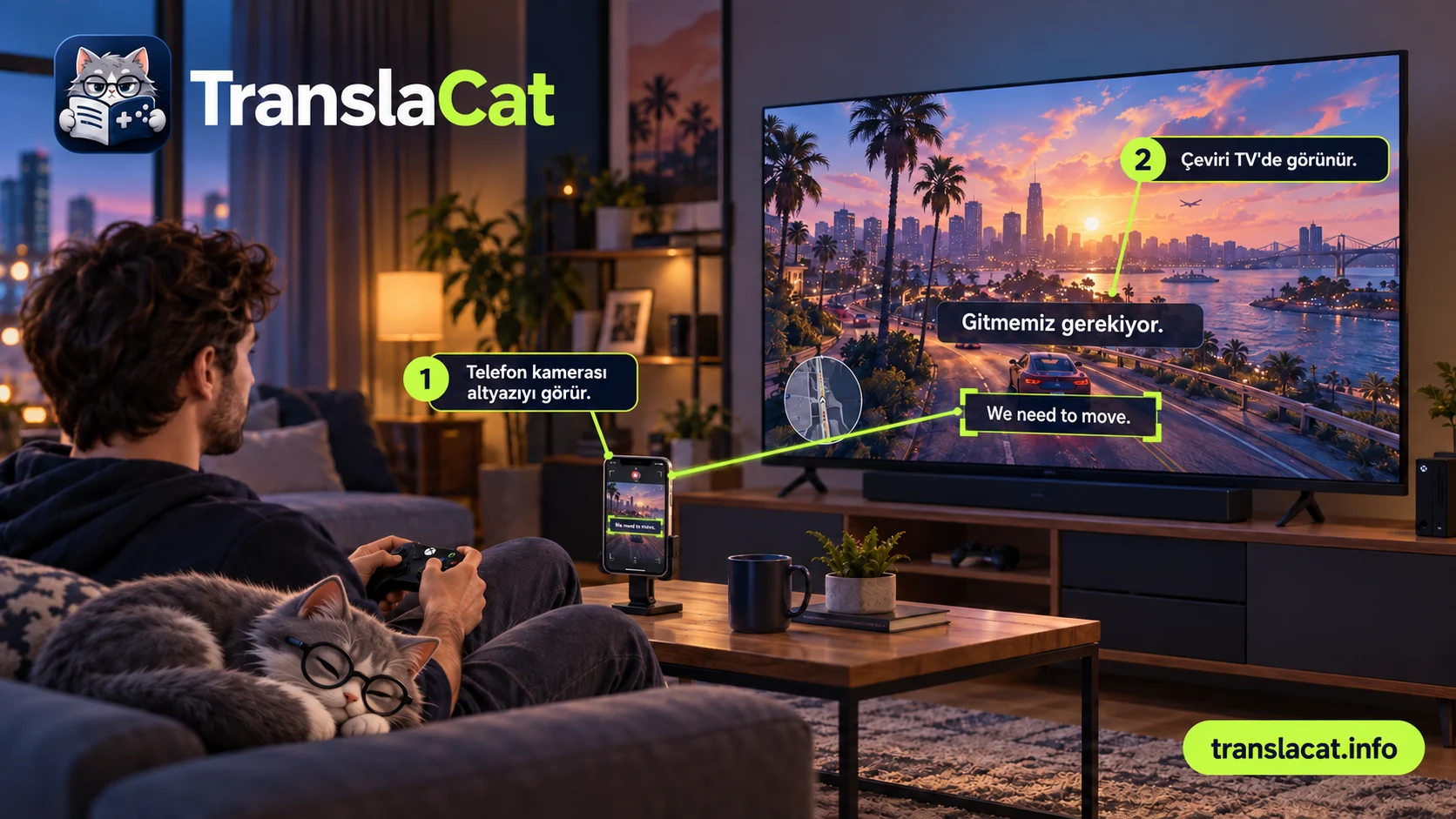 A phone camera reading game subtitles and showing the translation on TV