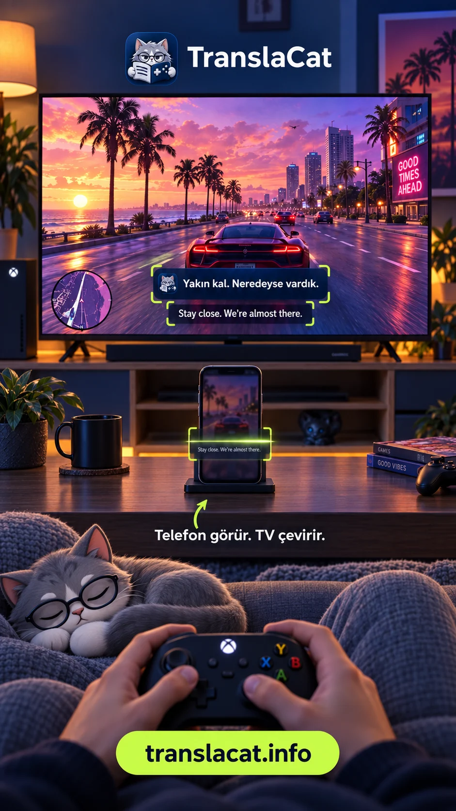 A TranslaCat gaming setup with the phone facing the TV