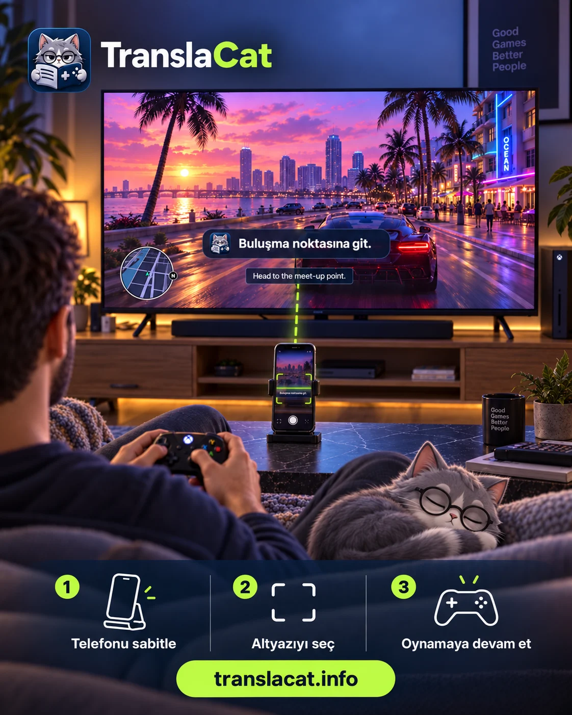 Three-step phone and TV setup for TranslaCat