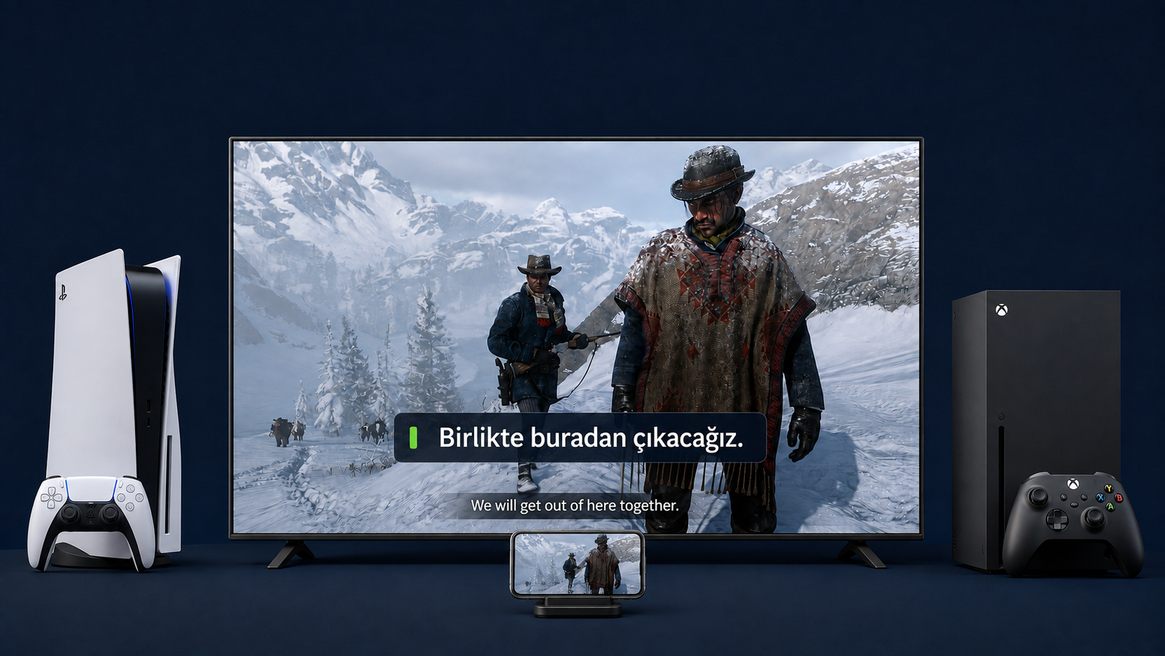 RDR2-inspired concept: a physical TV beside a console and controller, large Turkish translation above smaller English subtitles, and a phone facing the TV.