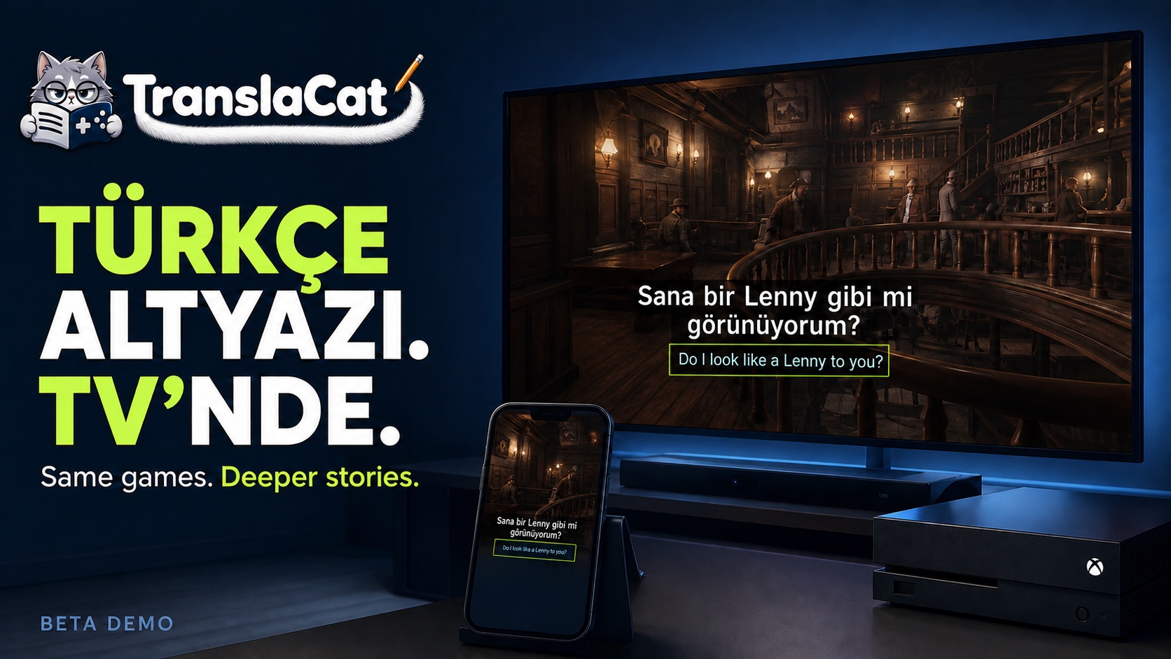 AI kapak: konsol, TV’de iki altyazı ve TV’ye bakan telefon.