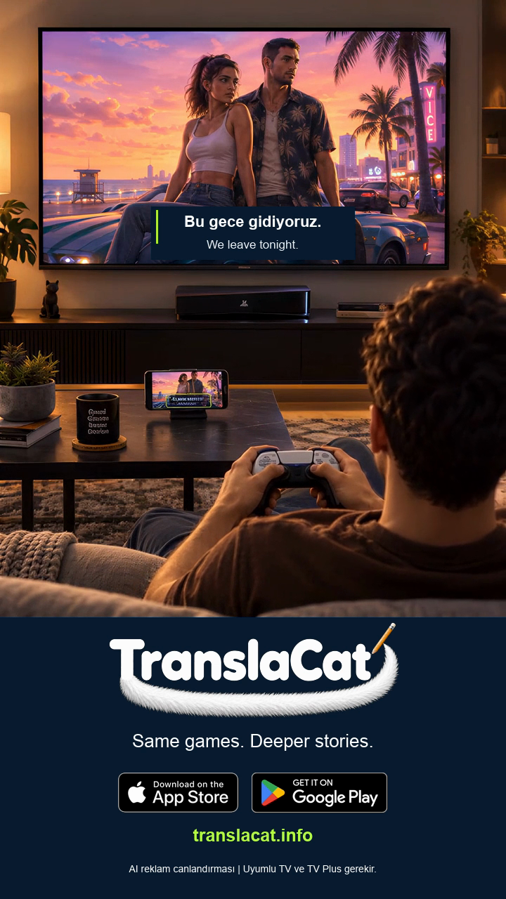 TranslaCat film: a console player, translated subtitles on the TV and a phone facing the screen.