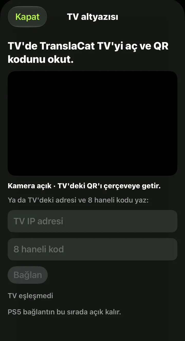 Skrin sari kata TV: kamera QR serta medan alamat IP TV dan kod 8 digit untuk dimasukkan secara manual.