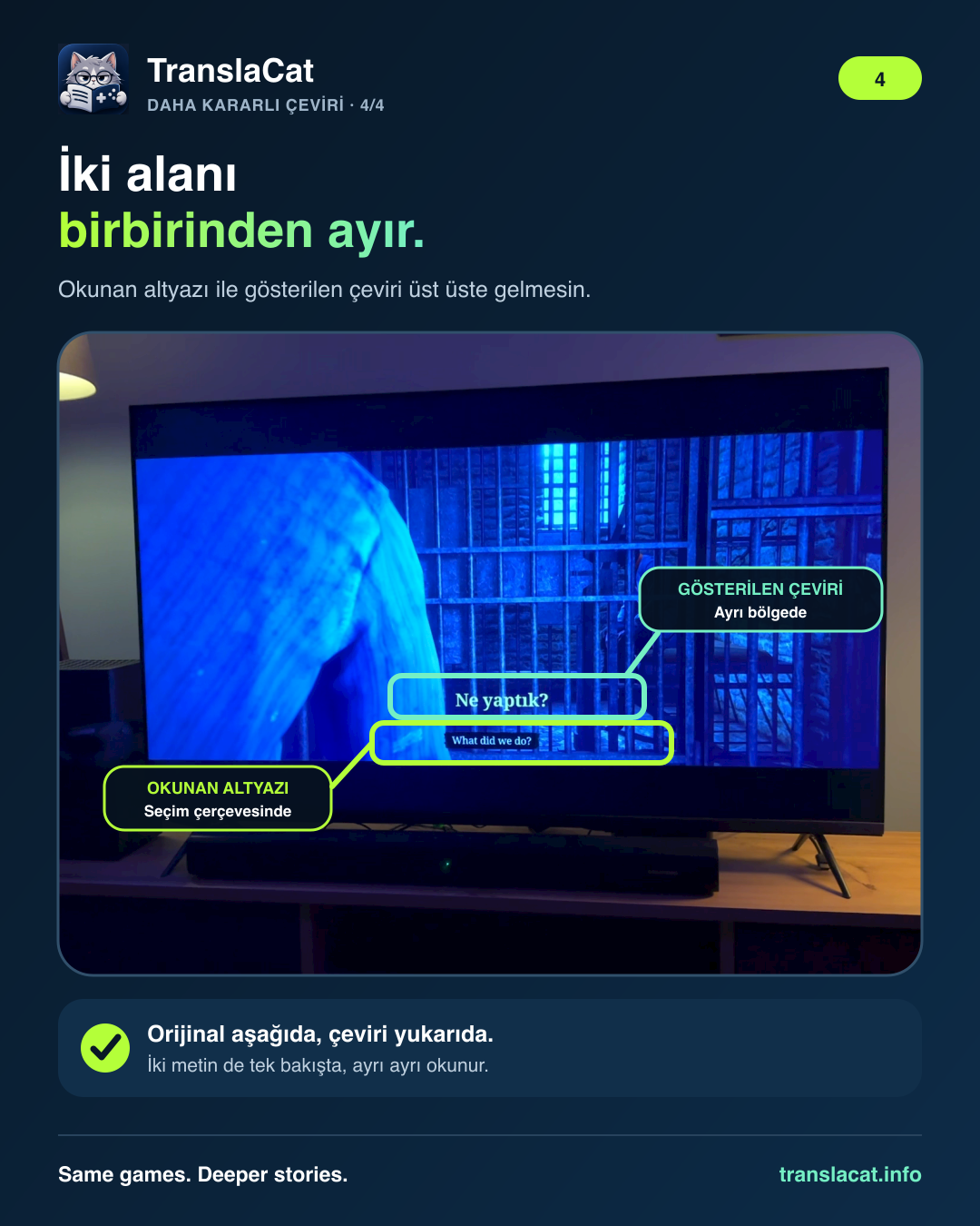 Keep the original subtitle and TV translation in separate areas.